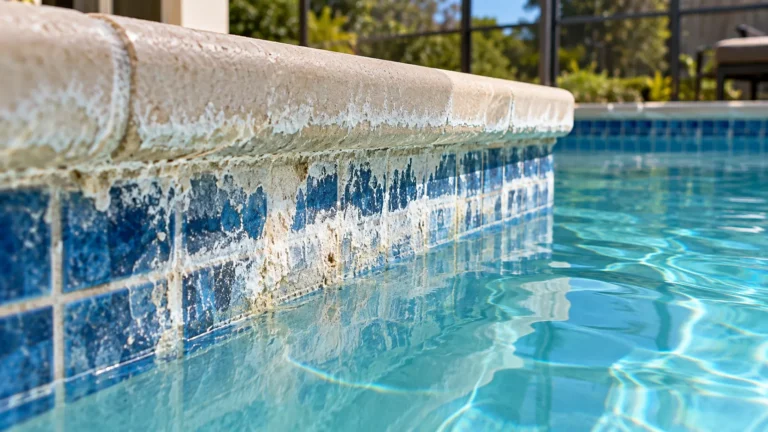 Calcium Scale on Blue Pool Tiles