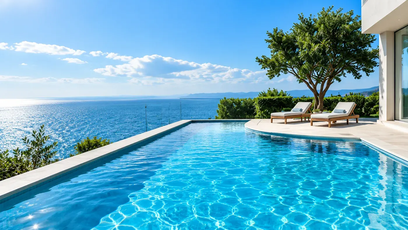 A clear blue swimming pool on a terrace, with sun loungers and an olive tree, overlooking the sea